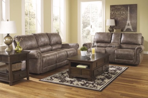 Gray faux-leather reclining sofa and loveseat set