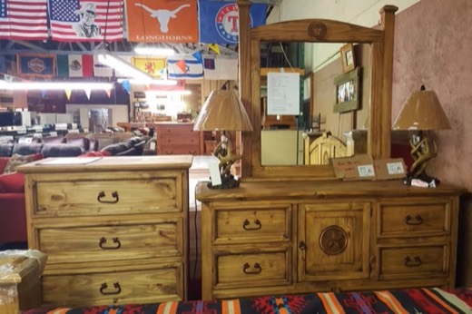 Rustic pine dresser with mirror and chest