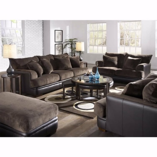 Chocolate plush sofa set with ottoman