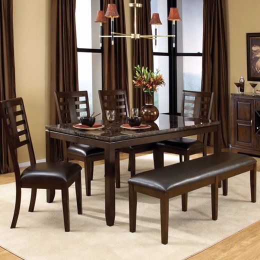 Marble-top dining table with chairs and bench