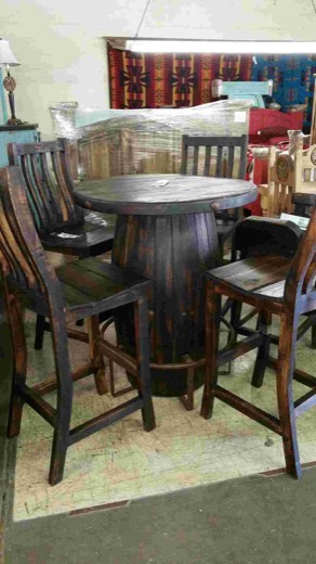Rustic barrel pub table with barstools