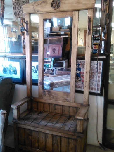 Rustic hall tree bench with mirror