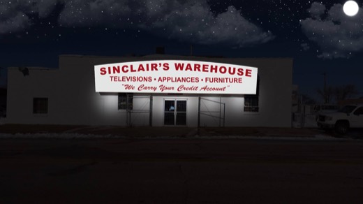 Sinclair's Warehouse storefront at night